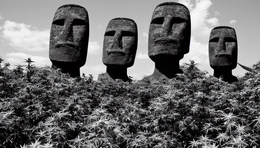 Image similar to black and white noir film. moai. cannabis plants everywhere.