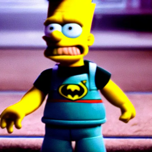 Prompt: still image of bart simpson in the dark knight, cinematic, anamorphic, 8 0 mm f / 2. 8 l, 3 5 mm film, movie