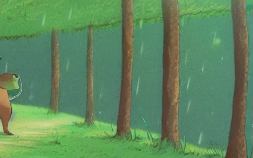 Image similar to a young girl holding an umbrella with her giant pet capybara walking through the forest, raining, side view, shot from the side, art by hayao miyazaki, studio ghibli film, 4k, hi res, high detail