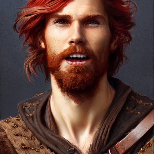 Image similar to portrait of a young ruggedly handsome but joyful pirate, male, masculine, upper body, red hair, long hair, d & d, fantasy, perfect teeth, intricate, elegant, highly detailed, digital painting, artstation, concept art, matte, sharp focus, illustration, art by artgerm and greg rutkowski and alphonse mucha