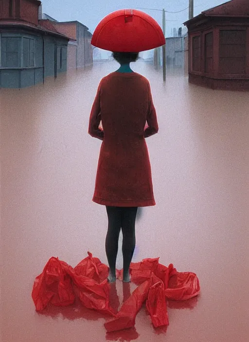 Image similar to woman in VR helmet made of paper bag, dressed in transparent red plastic bags, on flooded street Edward Hopper and James Gilleard, Zdzislaw Beksinski, highly detailed