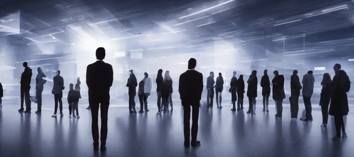 Prompt: A person standing in front of a giant computer asking it to generate an image of what they are about to say, a line of people waiting behind the person at some distance with a ticket checker giving them entry, digital art, beautiful lighting, atmospheric, artstation