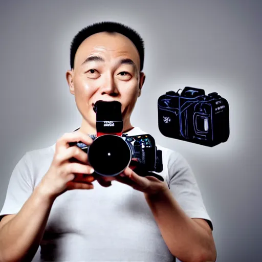 Prompt: Digital art of portrait of a Chinese man, holding a DSLR camera, excited facial expression, head-and-shoulders shot, white background, cute Pixar character, houdini 3D render