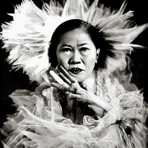 Image similar to A Filipino woman wearing demonic clothes, portrait, by Philippe Halsman