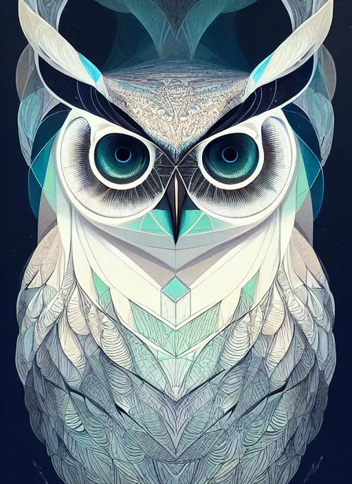 Image similar to portrait of a geometric owl, identical eyes, medium shot, illustration, full body made of white feathers, symmetrical, art stand, super detailed, cinematic lighting, and its detailed and intricate, gorgeous, by peter mohrbacher