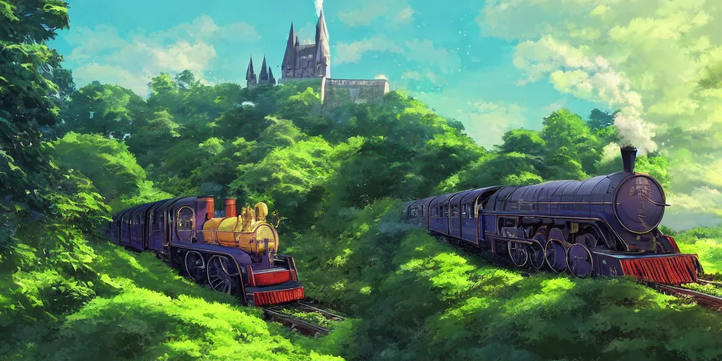 Image similar to A beautiful illustration of beautiful Hogwarts train, castle, leaves, trees, steam, magic, wide angle, by makoto shinkai, Wu daozi, very detailed, deviantart, 8k, wallpaper, tropical, colorful, airy, anime illustration, anime nature wallpap