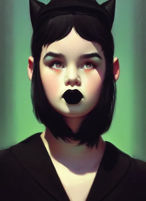 Image similar to portrait of a plump teenager with a crooked nose and a confident expression, 1 9 6 0 s, black clothes, goth, punk, brightly coloured hair, funk, intricate, elegant, highly detailed, digital painting, artstation, concept art, smooth, sharp focus, illustration, art by wlop, mars ravelo and greg rutkowski