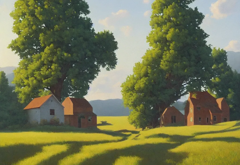 Image similar to a landscape painting of an old farm house in the countryside, summer, painting by kenton nelson, early morning light, puffy couds