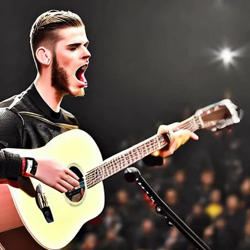 Image similar to david de gea singing pop playing the guitar, indoor