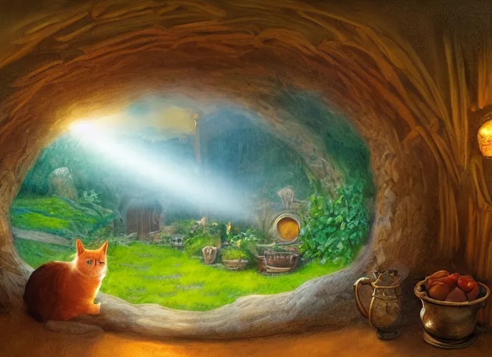 Prompt: the view from inside a hobbit hole looking out a window into a busy hobbit path, by alan lee, sunset, a fat orange cat is on a path outside, windowsill loaded with steaming food and teacups, window glass reflecting, intricate, highly detailed terrain, digital painting, artstation, concept art, smooth, sharp focus, illustration, vfx