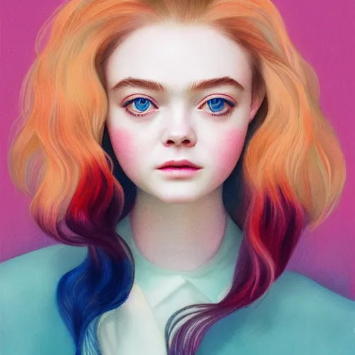 Image similar to professional painting of Elle Fanning in the style of Hsiao-Ron Cheng, head and shoulders portrait, symmetrical facial features, smooth, sharp focus, illustration, intricate, stormy weather, extremely detailed masterpiece,