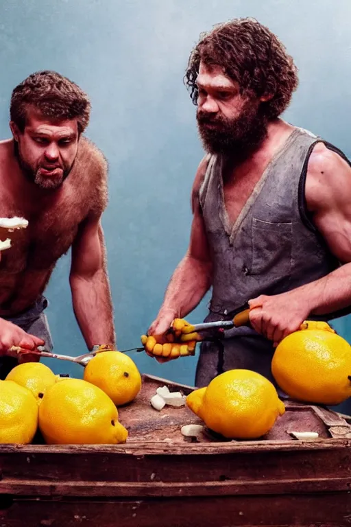 Image similar to a hyperrealistic portrait of two cavemen performing surgery on a crate of lemons with tools made of bubblegum , 8k