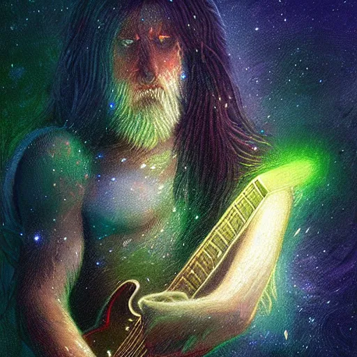 Prompt: UHD photorealistic Cosmic Druid playing electric guitar in the style of tonalism by Greg Rutkowski