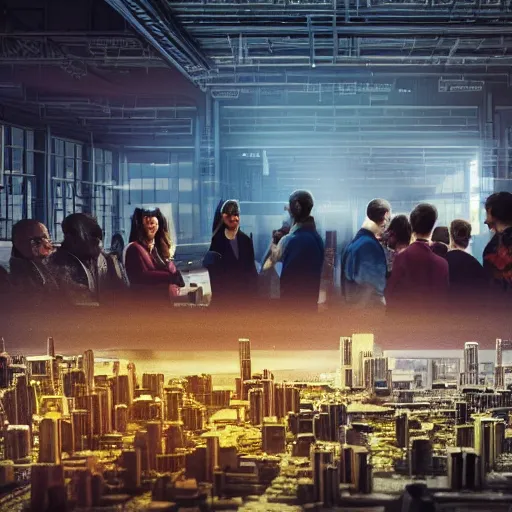 Prompt: large group people in a warehouse, looking at hologram of futuristic city on a table, cinematic concept art, godrays, golden hour, natural sunlight, 4 k, clear details, tabletop model buildings, tabletop model, hologram center