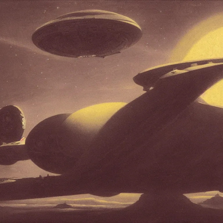 Prompt: a spaceship in low atmosphere, scifi concept art, by carl gustav carus