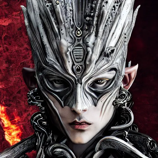 Prompt: Vash the Stampede consumed by fire, highly detailed, symmetrical long head, smooth marble surfaces, detailed ink illustration, raiden metal gear, cinematic smooth stone, deep aesthetic, concept art, post process, 4k, carved marble texture and silk cloth, latex skin, highly ornate intricate details, in the style of hr Giger