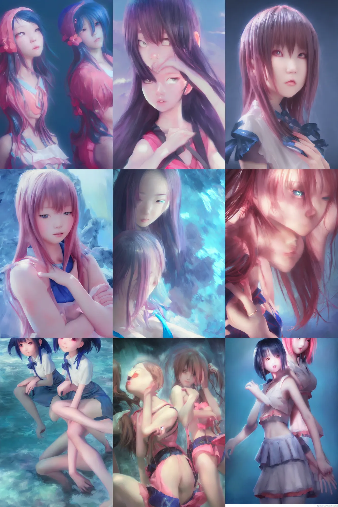 Prompt: 3d dark infrared octane render concept art by D. Jun, by Mo Xiang Tong Xiu, by Igarashi Daisuke, cute beauty portrait anime schoolgirls under dark pink and blue water. cute sad face. dramatic deep light, trending on artstation, oil painting brush