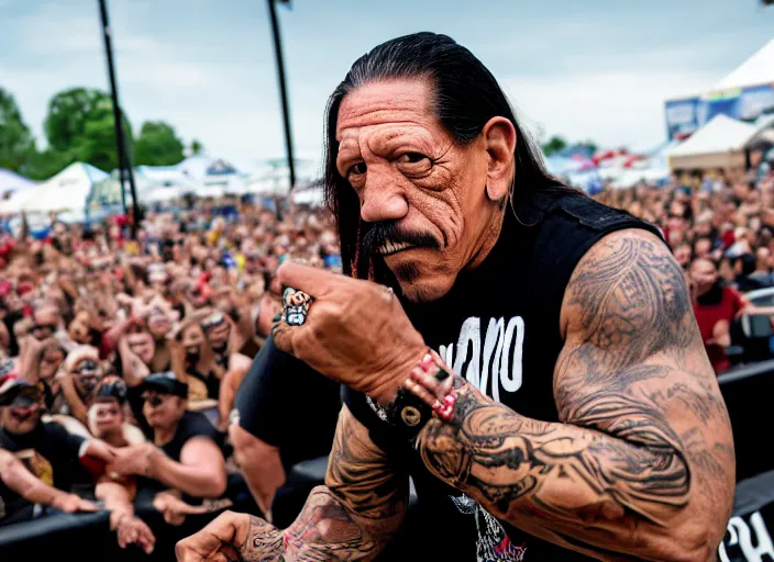 Image similar to photo still of danny trejo at vans warped tour!!!!!!!! at age 6 3 years old 6 3 years of age!!!!!!! stage diving at a crowd, 8 k, 8 5 mm f 1. 8, studio lighting, rim light, right side key light