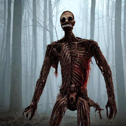 Prompt: A realistic detailed photo of a creepy man, destroyed legs, extra detailed body, crooked legs, blood, exploded belly, red eyes, destroyed body, dead skin, dead trees, detailed body, teeth filled with cavities, foggy landscape, creepy, light particles, detailed light, realistic shaders, trending on artisation, detailed textures, detailed, realistic.