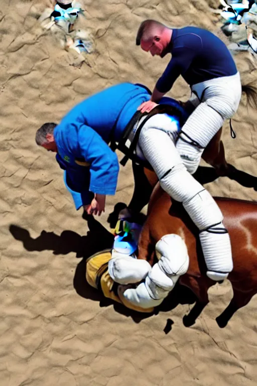 Image similar to horse wrestles astronaut pilot spaceman on all fours on hands and knees in grappling in closed guard on mount position