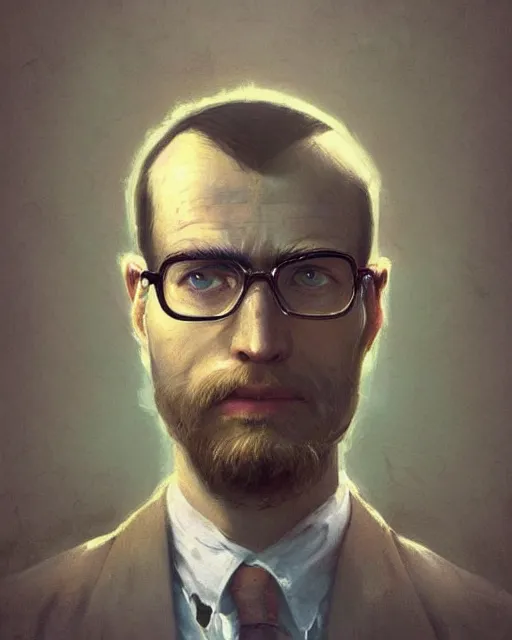 Prompt: a highly detailed epic cinematic concept art CG render digital painting artwork: Man with thin sqare glasses, 27, no beard, macbook pro. By Greg Rutkowski, in the style of Francis Bacon and Syd Mead and Norman Rockwell and Beksinski, open ceiling, highly detailed, painted by Francis Bacon and Edward Hopper, painted by James Gilleard, surrealism, airbrush, Ilya Kuvshinov, WLOP, Stanley Artgerm, very coherent, triadic color scheme, art by Takato Yamamoto and James Jean