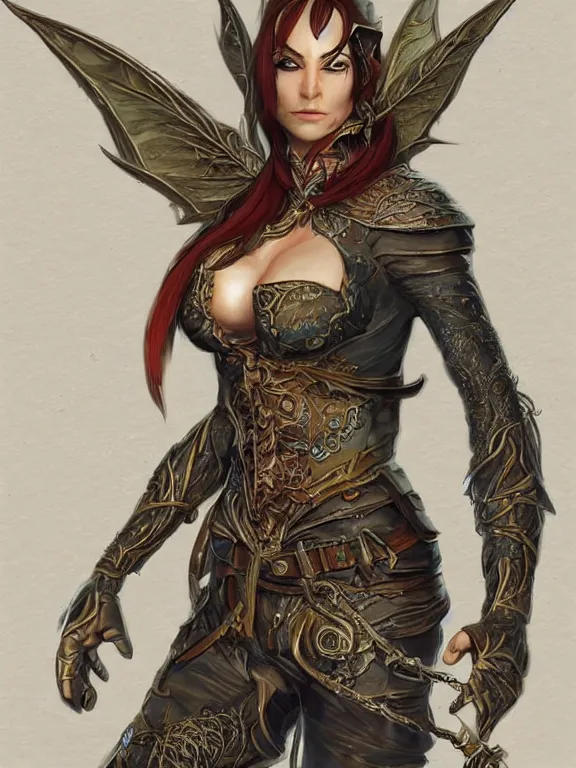 Image similar to full body front view portrait of a female elven pirate, character design, correct anatomy, concept art, digital illustration, ray tracing, ultra detailed, fantasy, neon lighting, intricate and highly detailed, coloured with lots of colour, pose, fantasy, sharp focus,