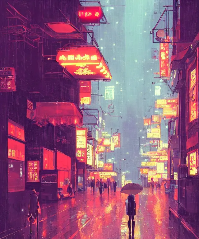 Image similar to big red robot waiting in street from paris or neo tokyo , humid ground, people and creatures walking holding neon ombrellas, volumetric light, bokeh light from top, science fiction elements, rainy mood, artstation, art by françois schuiten and moebius and pascal campion