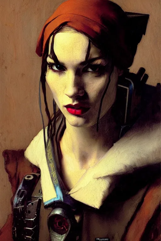 Image similar to full character portrait max mad cyberpunk warhammer 4 0 k, tech priest medic not the girl with the pearl earring character design, painting by gaston bussiere, katsuya terada, wyeth, greg rutkowski, craig mullins, ( ( ( ( ( vermeer ) ) ) ) ), frank frazetta, mucha, tom of finland, trending on artstation