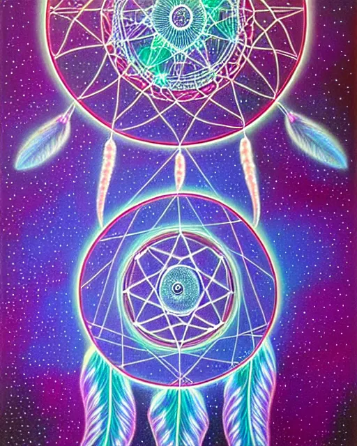 Image similar to detailed realistic dreamcatcher geometric glow painting a jellyfish emitting light in the cosmos by alex grey symmetry