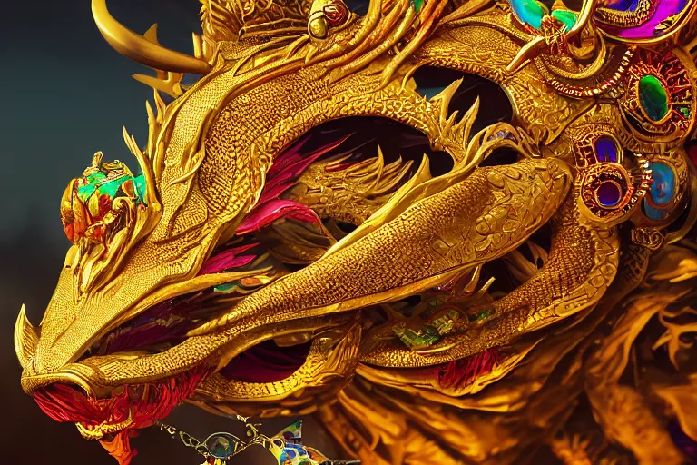 Image similar to cinematic closeup portrait of a golden dragon intricately decorated with colorful jewels, sandstorm, detailed textures, dramatic lighting, unreal engine, cgsociety, artstation, 4k