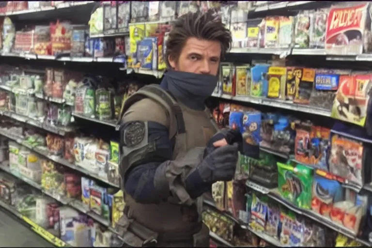 Image similar to solid snake sneaking inside of a 7 - eleven