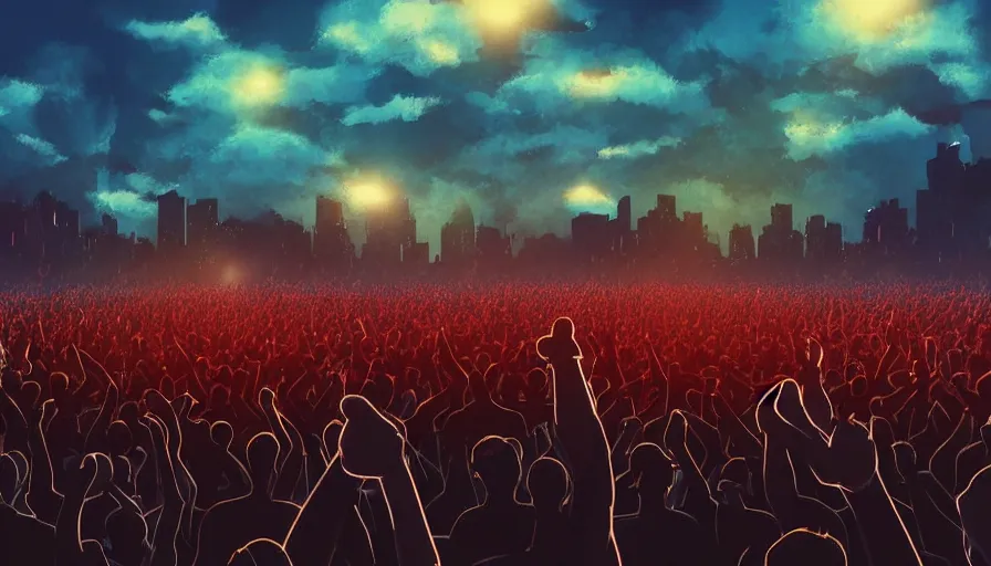 Image similar to digital art of a panicked crowd pointing!! towards a glowing sky, raising their arms, volumetric lighting, nasty, hyperdetailed, realistic