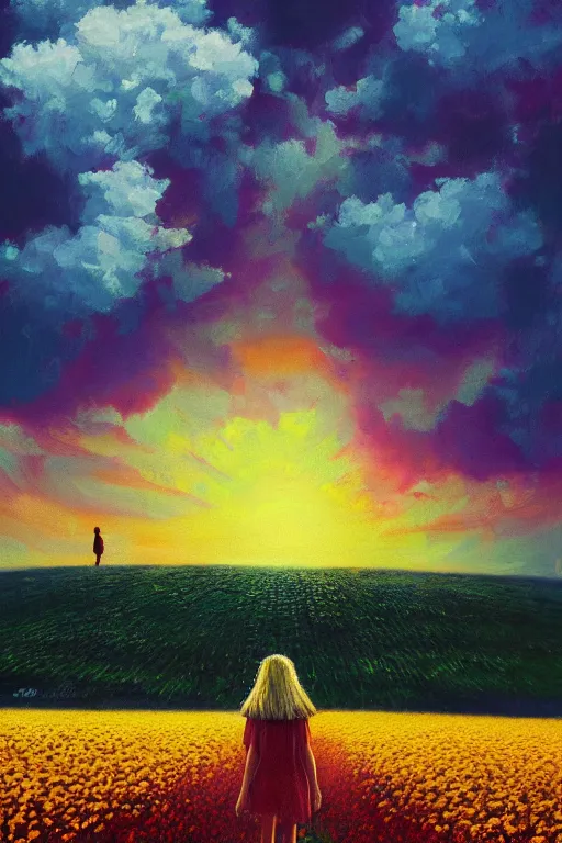 Image similar to giant corn flower head, girl walking in a flower field, surreal photography, sunrise, dramatic light, impressionist painting, colorful clouds, digital painting, artstation, simon stalenhag