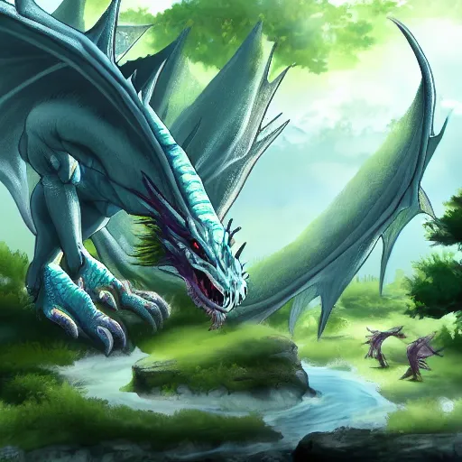 Prompt: a mulitcolored dragon roaming the forest, trending on pixiv