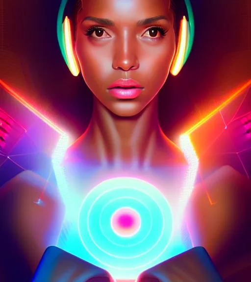 Image similar to symmetry!! latin princess of technology, solid cube of light, hard edges, product render retro - futuristic poster scifi, lasers and neon circuits, beautiful brown skin woman latin princess, intricate, elegant, highly detailed, digital painting, artstation, concept art, smooth, sharp focus, illustration, dreamlike, art by artgerm