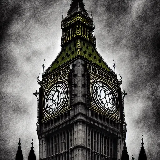 Image similar to A witch flying high in the sky above the tall buildings,the Big Ben is in background, top down perspective,gloomy lighting,creepy atmosphere,digital art , highly detailed , high contrast, beautiful lighting, award winning , trending on art station, 8k, photo realistic