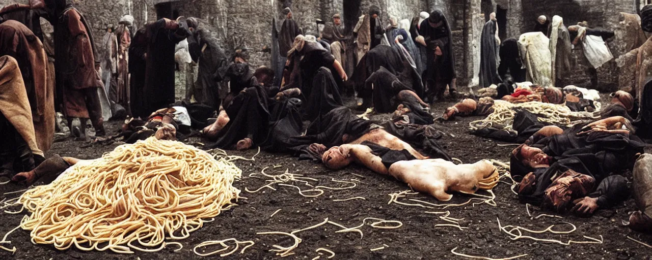 Image similar to the black death in the middle ages, dead bodies next to spaghetti, canon 5 0 mm, wes anderson film, kodachrome, retro