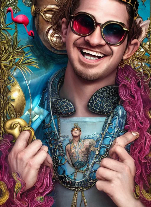 Prompt: athletic Atlantean king Charlie Puth grinning and wearing cholo sunglasses and a heavy bejeweled gold crown reclining poolside with a beautiful flamingo, steelpunk, ghibli studio, nekro, Tom Bagshaw, Craig Mullins, octane 8k, by brian froud, Trending on ArtStation