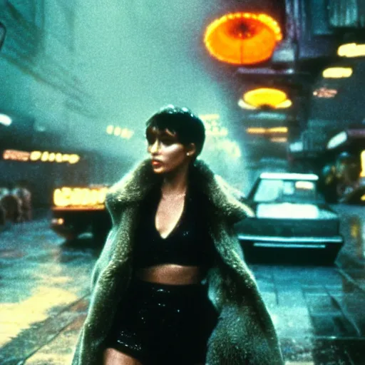 Image similar to 1 9 8 2 film stills of blade runner, with rachel with beyonce, and doja cat, having a night on the town. rainy and smoky with futuristic vehicles overhead and people carrying neon umbrellas.