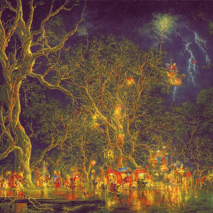 Image similar to closeup of a night carnival around a magical in a summer storm, tree cavity with a music scenario with many fireworks and christmas lights, next to a lake with iridiscent lake water, volumetric lightning, folklore people disguised with fantastic creatures in a magical forest by summer night, masterpiece painted by paul gustav fischer, scene by dark night environment, refraction lights, five star stories