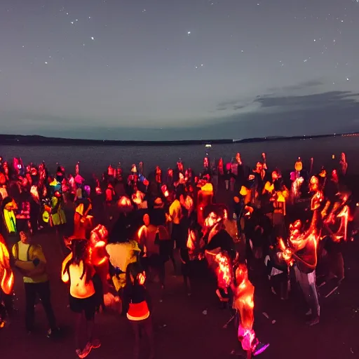 Image similar to glowing diverse groups of humans glowing sea at night, from behind, wide angle, elaborate, highly detailed, beautiful lighting