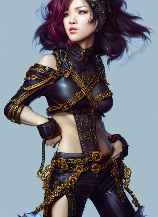 Image similar to rogue, fantasy ornate leather bandit outfit!!! close - up portrait beautiful and athletic short hair female!! gorgeous face and eyes!! character concept art, sharp focus, octane render! unreal engine 5! highly rendered!! trending on artstation!! detailed linework!! illustration by artgerm, wlop, and chie yoshii