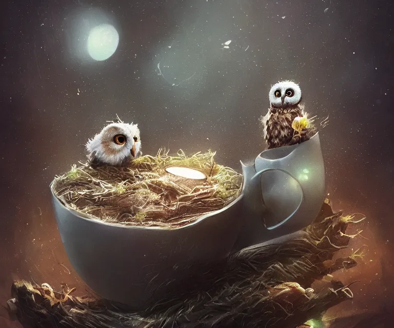 Image similar to long shot of a very cute owl chick nesting in a very futuristic cup, esao andrews, humorous illustration, hyperrealistic, big depth of field, warm colors, night scenery, low light, 3 d octane render, 4 k, conceptart, hyperdetailed, hyperrealistic, trending on artstation