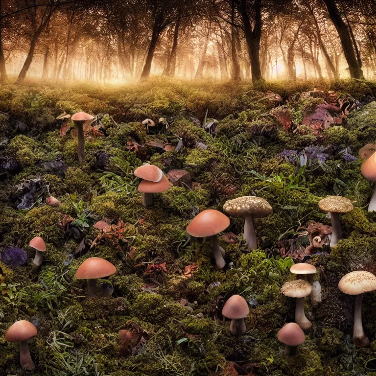 Prompt: a planet of various fungus, mushrooms and plants, inside the picture is infinity, sunset light, Atmospheric phenomenon, artistic photography, muted colors, conceptual, long exposure outside the city, volumetric light