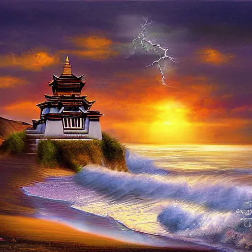 Prompt: a digital painting of a deserted seaside coast temple in tibet, sunrise, waves, kites, storm in the background, fantasy art, art by daarken, wayne reynolds, chuck luckacs, lars grant-west