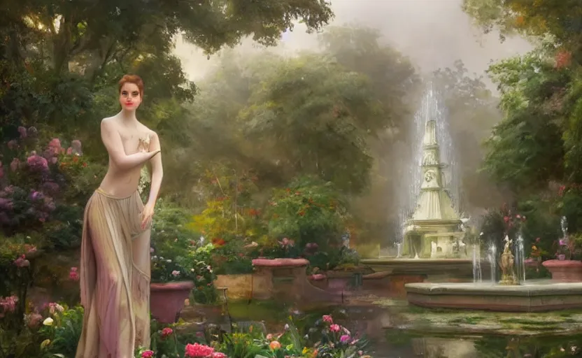 Image similar to The kneeling statue of a woman in a beautiful garden, next to a fountain and a mystical palace, and all this in a foggy and mysterious atmosphere. Fantasy and concept art by Konstantin Razumov.