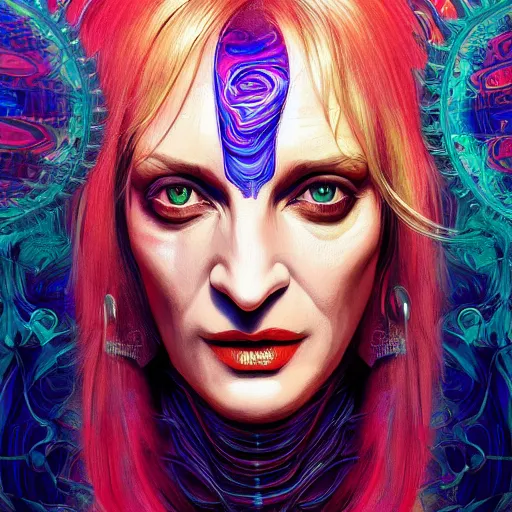 Prompt: uma thurman, hyper detailed ultra sharp, trending on artstation, vibrant aesthetic, bloodwave, colorful, psychedelic, ornate, intricate, digital painting, concept art, smooth, sharp focus, illustration, art by artgerm and greg rutkowski and h. r. giger, 8 k