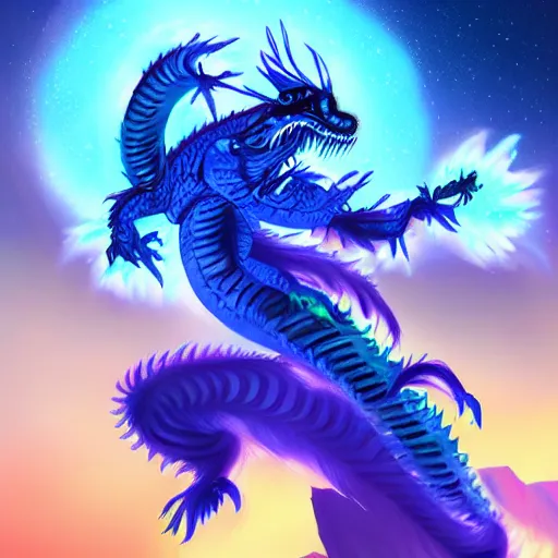 Prompt: a blue chinese dragon on an alien planet with auroras in the background, digital art, trending on artstation