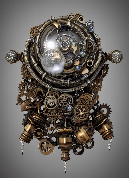 Prompt: amazing steampunk amulet with diamond jewel and small steam tubes, volumetric lightning, octane render, 4 k, hd, realistic reflections, extremely high detailed, trending on artstation