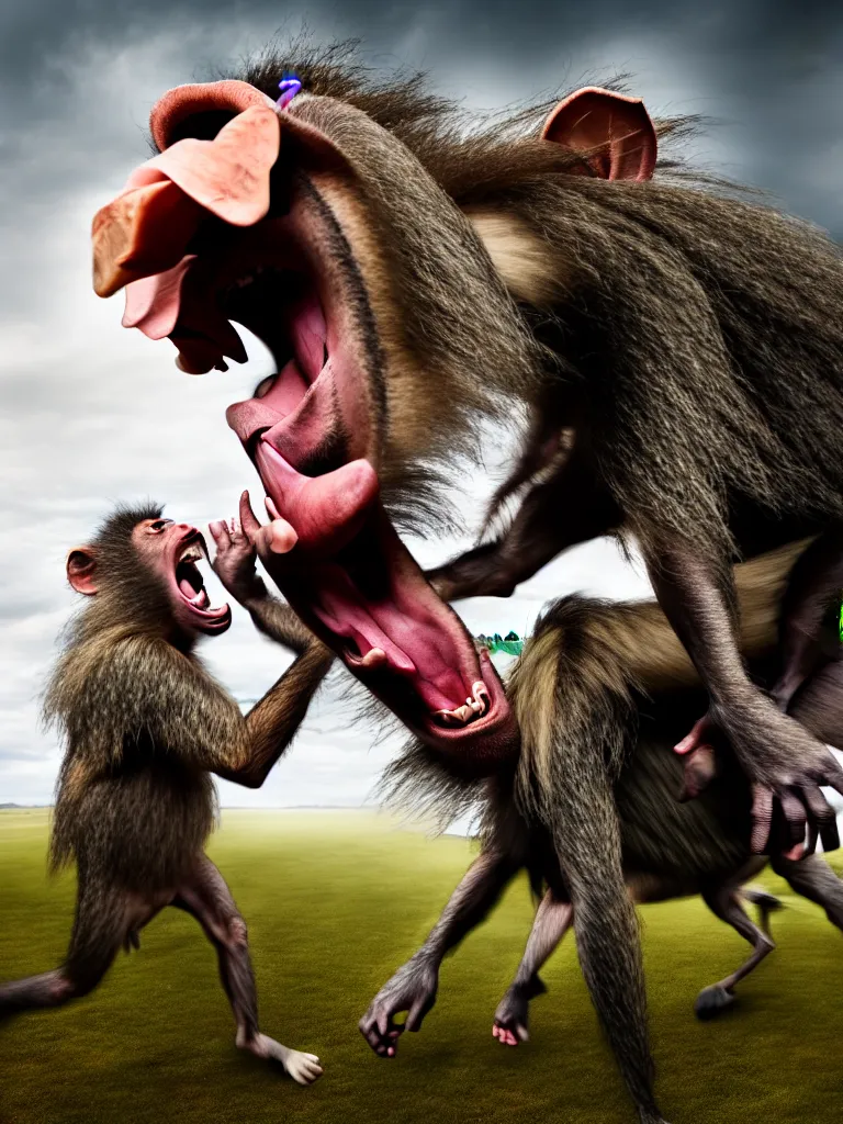 Prompt: a formal portrait photograph of a screaming man transforming into a baboon and horse simultaneously